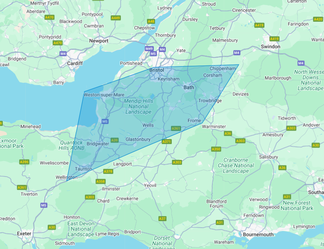 Service area map showing coverage from Bristol to Taunton across Somerset